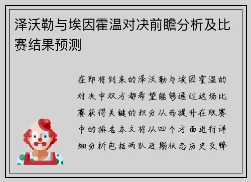 泽沃勒与埃因霍温对决前瞻分析及比赛结果预测